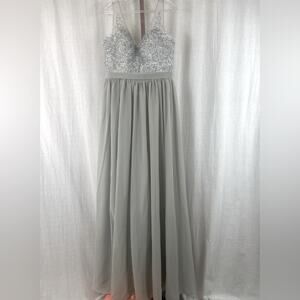 Size 14 Silver Formal Maxi Dress with Tie Back and Floral Lace Up Wedding Prom